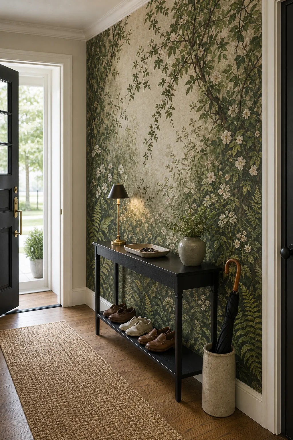 Entryway garden wall mural with slim console and open traffic flow