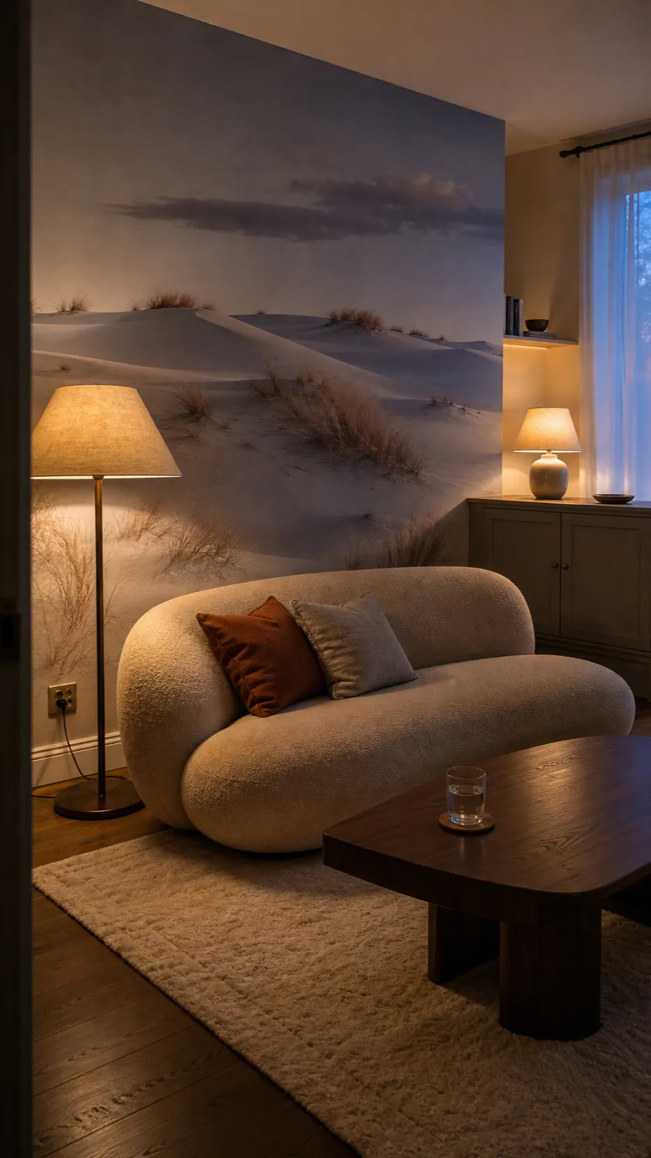 Layered evening lamps illuminating dune landscape wallpaper in a living room