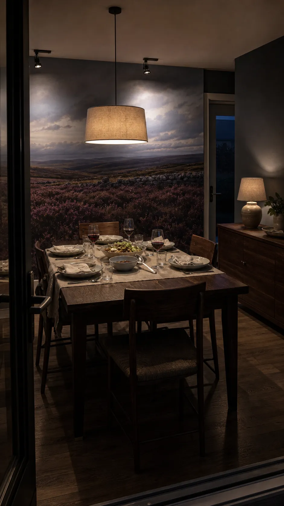 Scenic dining room mural under layered evening pendant and wall lighting
