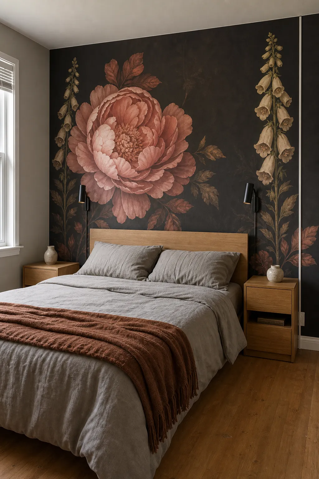 Floral bedroom feature wall styled with a simple headboard uncluttered nightstands and no extra artwork