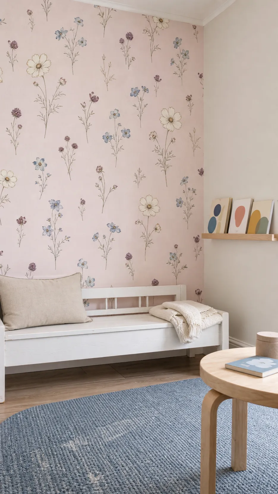 Floral wallpaper nursery showing an airy blush wildflower repeat in a compact room