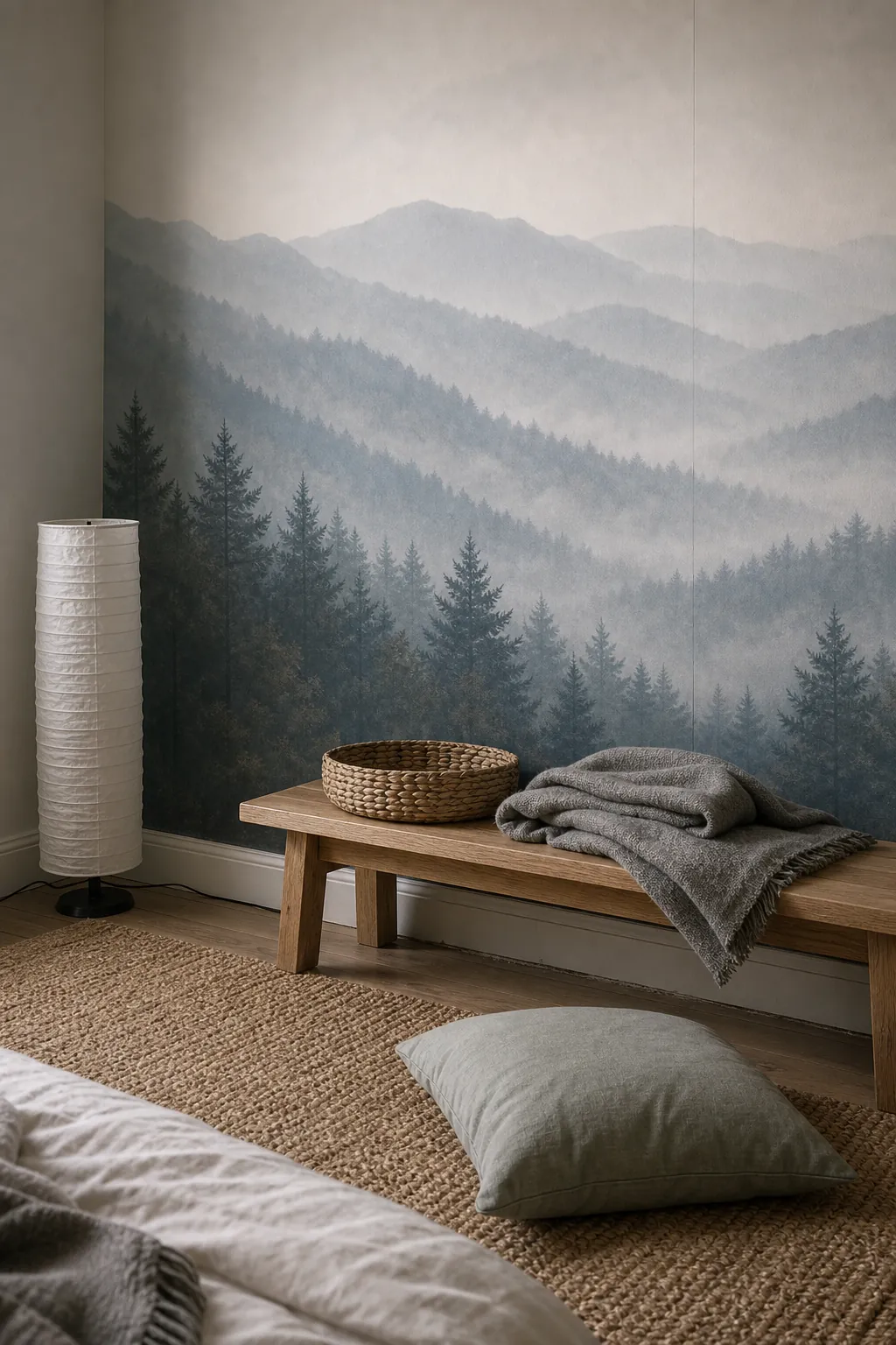 Foggy mountain wall mural with layered ridges and soft depth for a restful bedroom