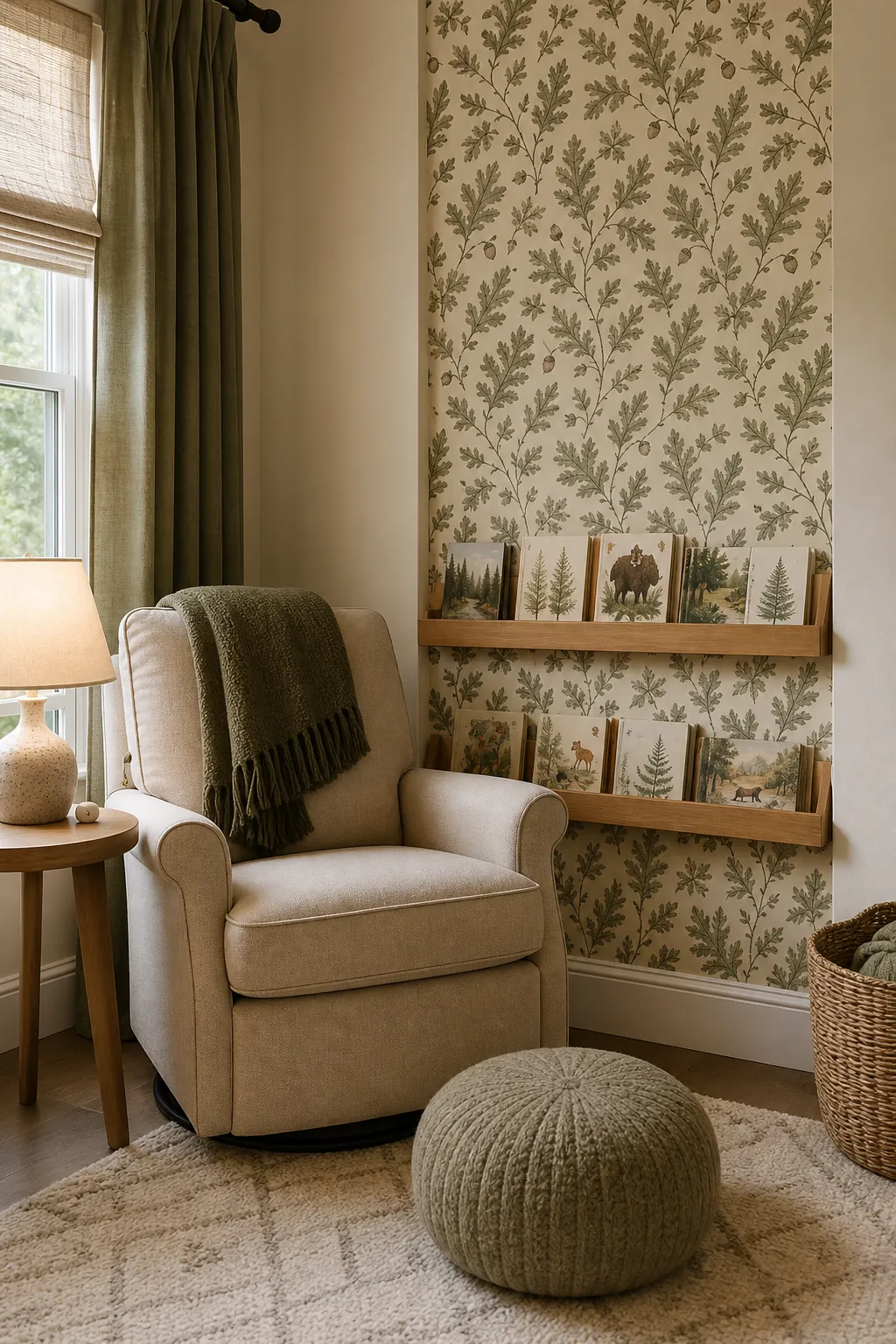 Woodland nursery reading nook with glider book ledges and forest colors