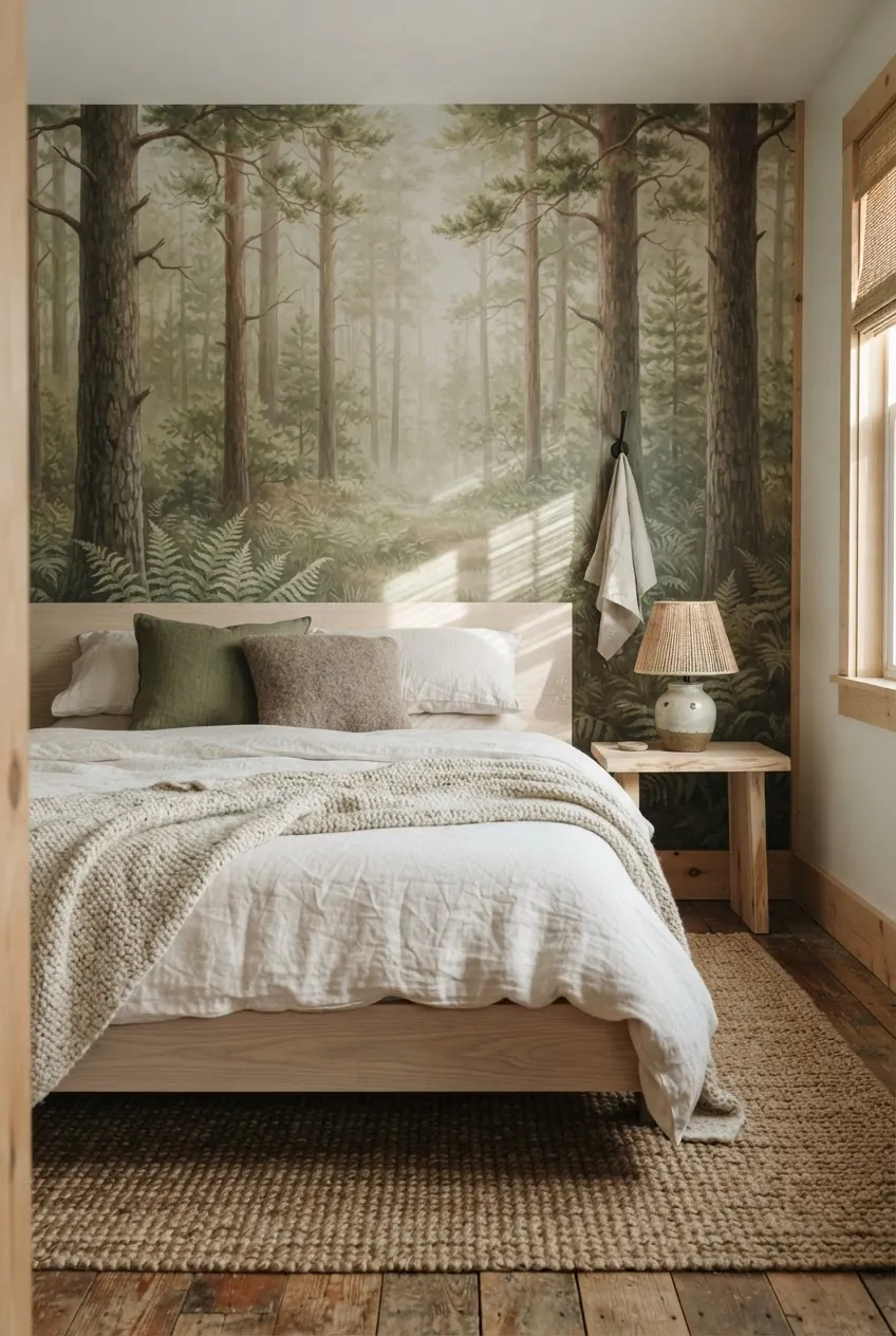 Forest retreat bedroom with woodland mural wallpaper and layered natural textures