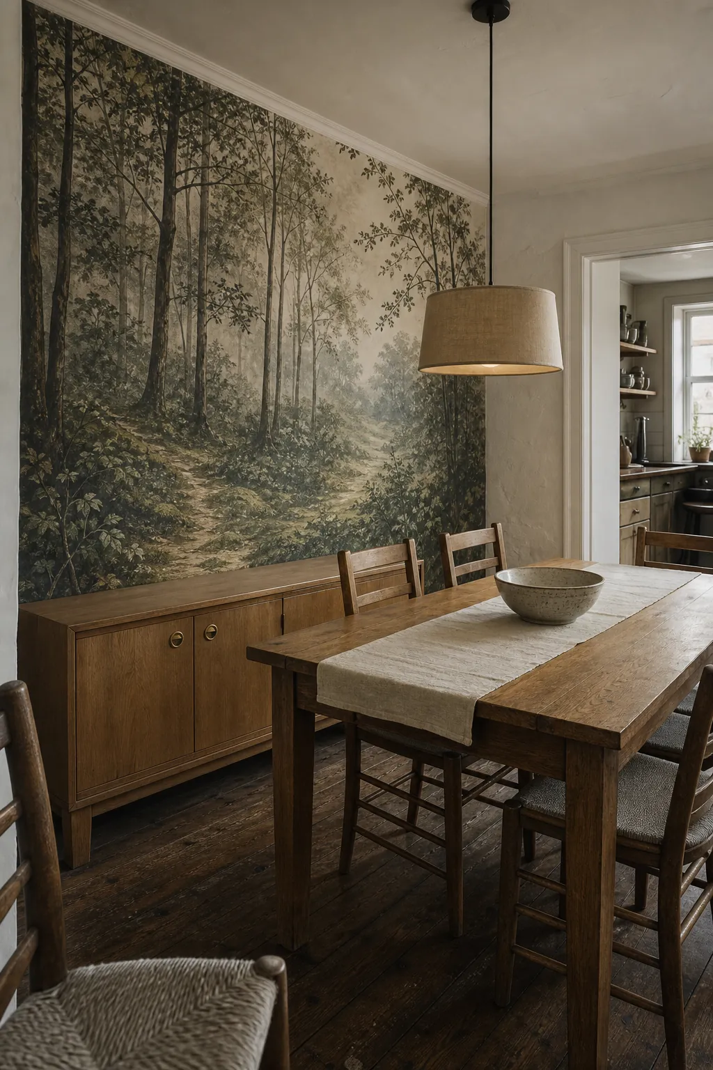 Forest wallpaper dining room mural cropped around seated eye level and a sideboard