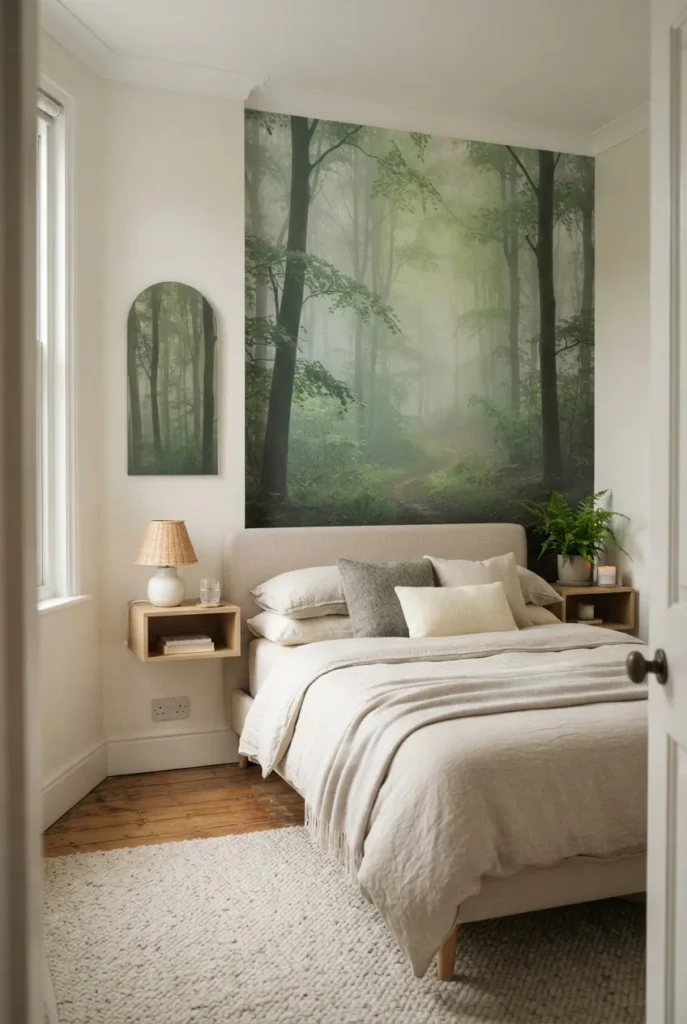 Forest wallpaper mural making a small bedroom feel like a calm retreat