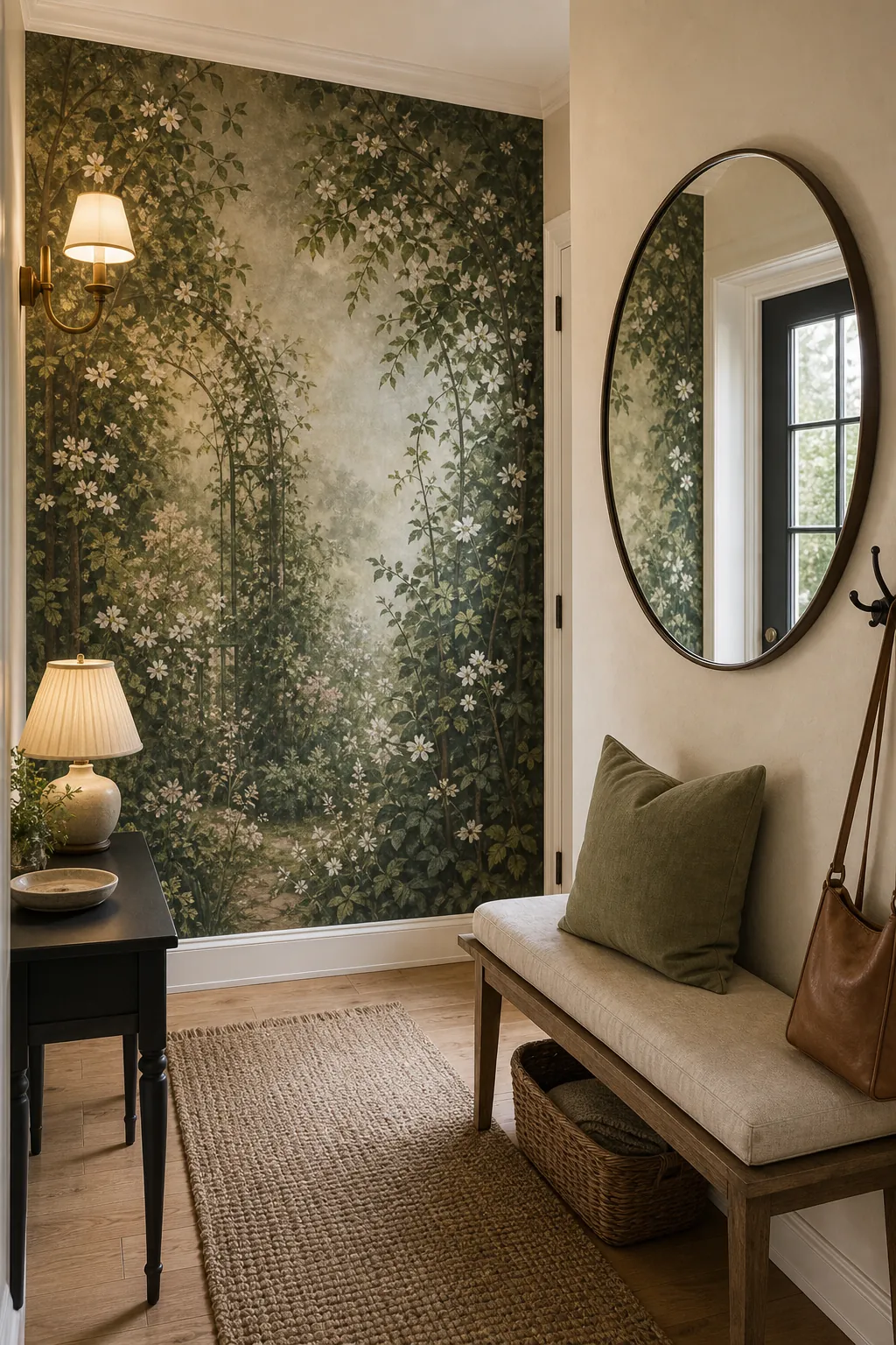 Foyer mural wallpaper paired with mirror and light without covering the garden design