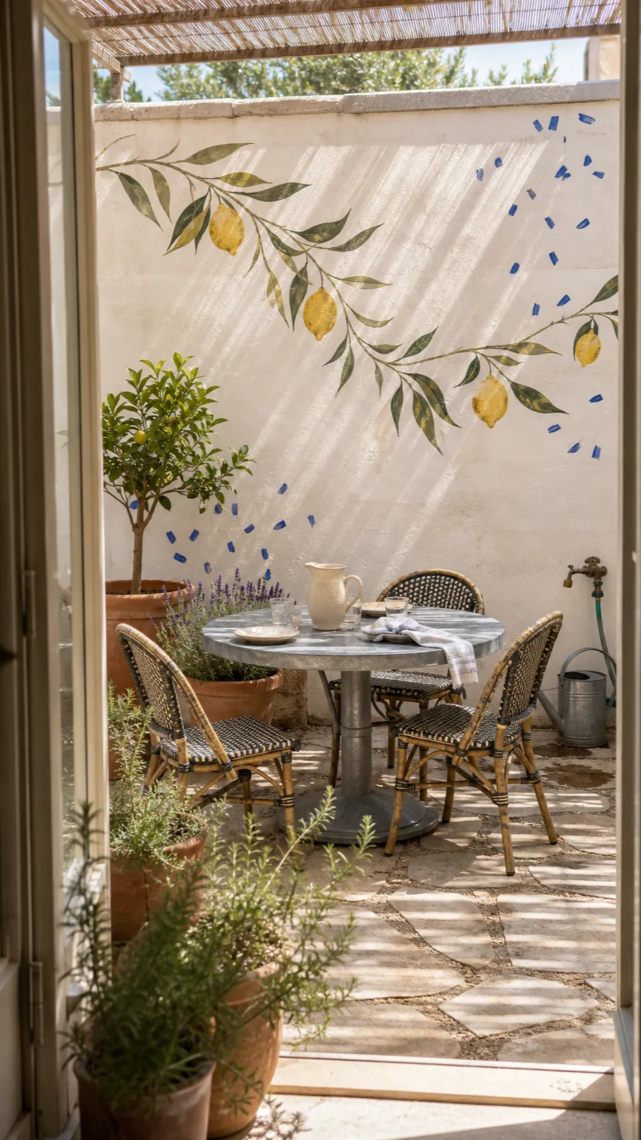Mediterranean citrus garden mural beside an outdoor dining patio