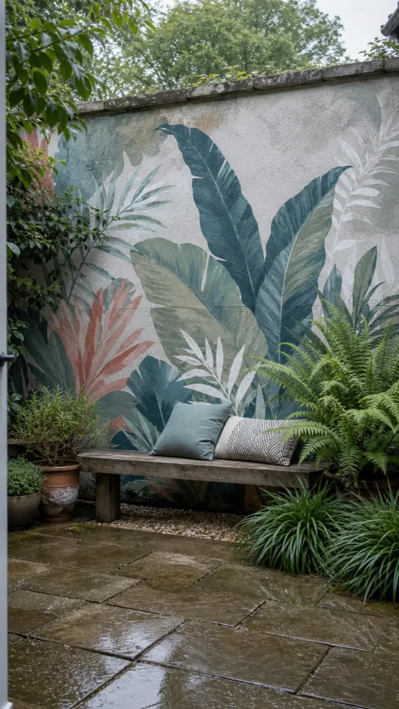 Botanical garden wall mural transforming a modern backyard patio