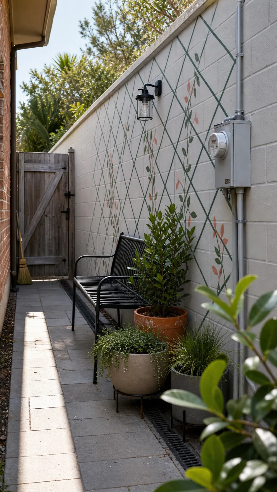 Graphic painted trellis mural along a narrow garden passage