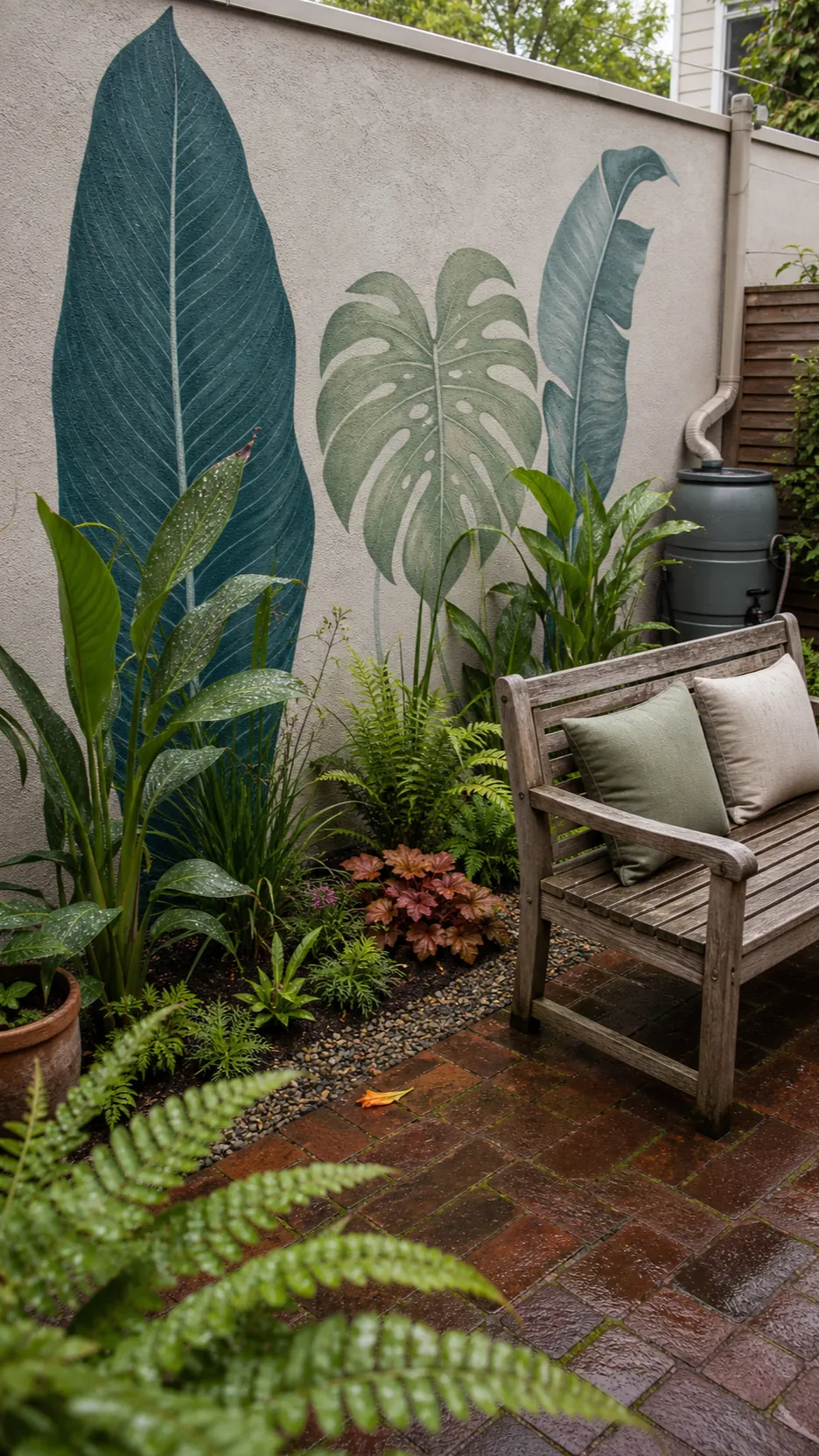 Oversized tropical leaf garden wall mural behind real planting