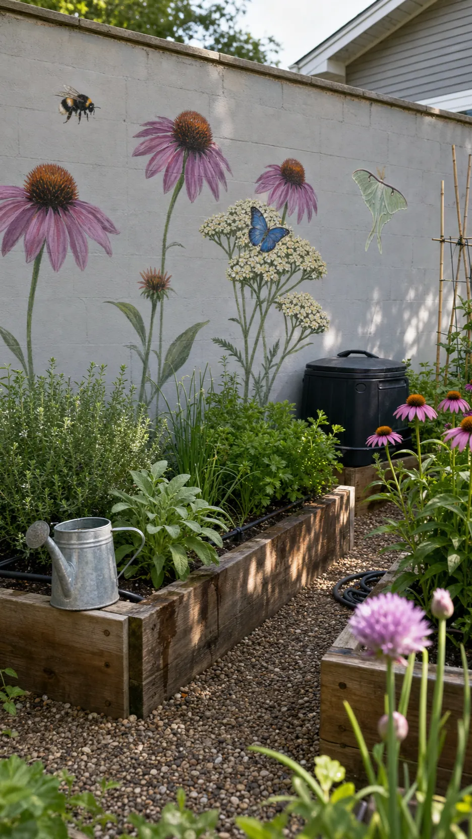 Pollinator garden mural beside raised herb beds