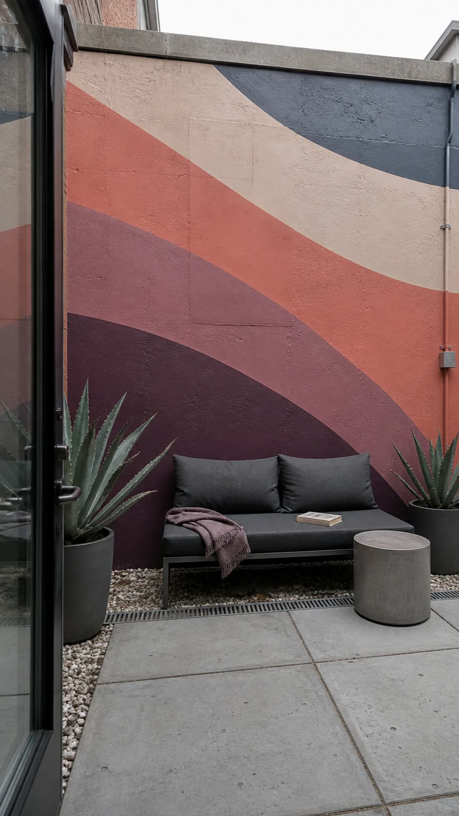 Abstract sunset color-band mural in a compact concrete courtyard
