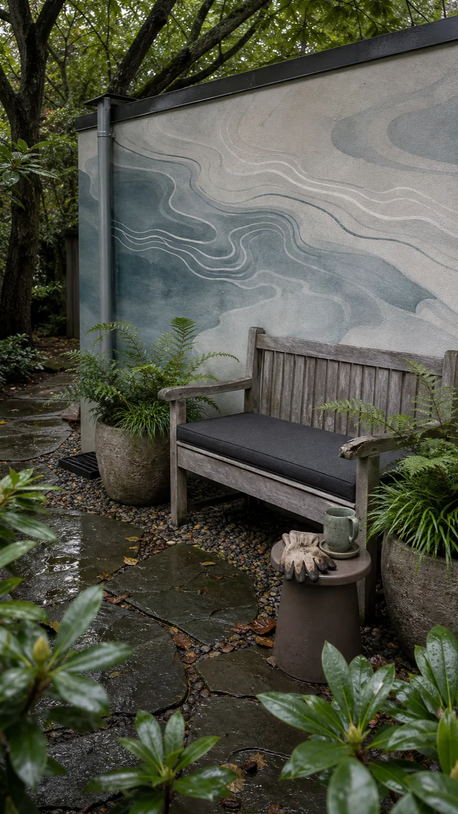 Quiet water-ripple mural behind a shaded garden bench