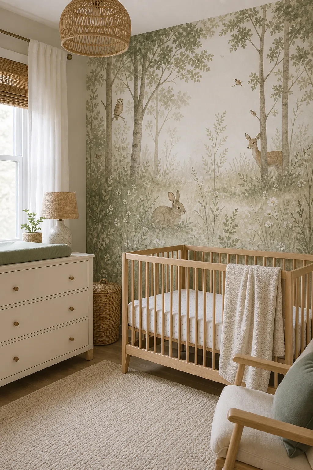 Gender neutral sage nursery wall mural with woodland animals, cream tones, and natural wood furniture.