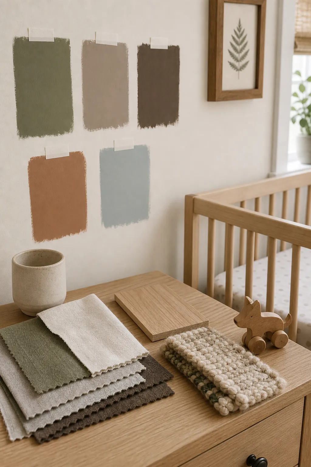 Gender neutral woodland nursery palette with greens browns creams and natural materials