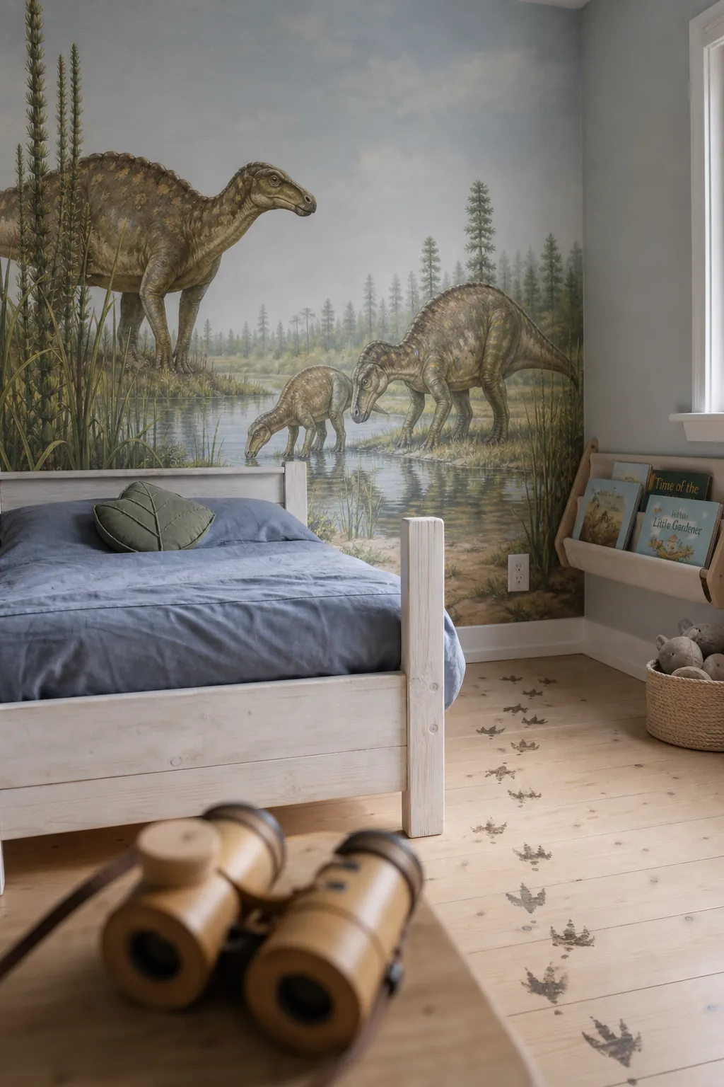 Gentle dinosaur watering hole landscape mural in a kids adventure room