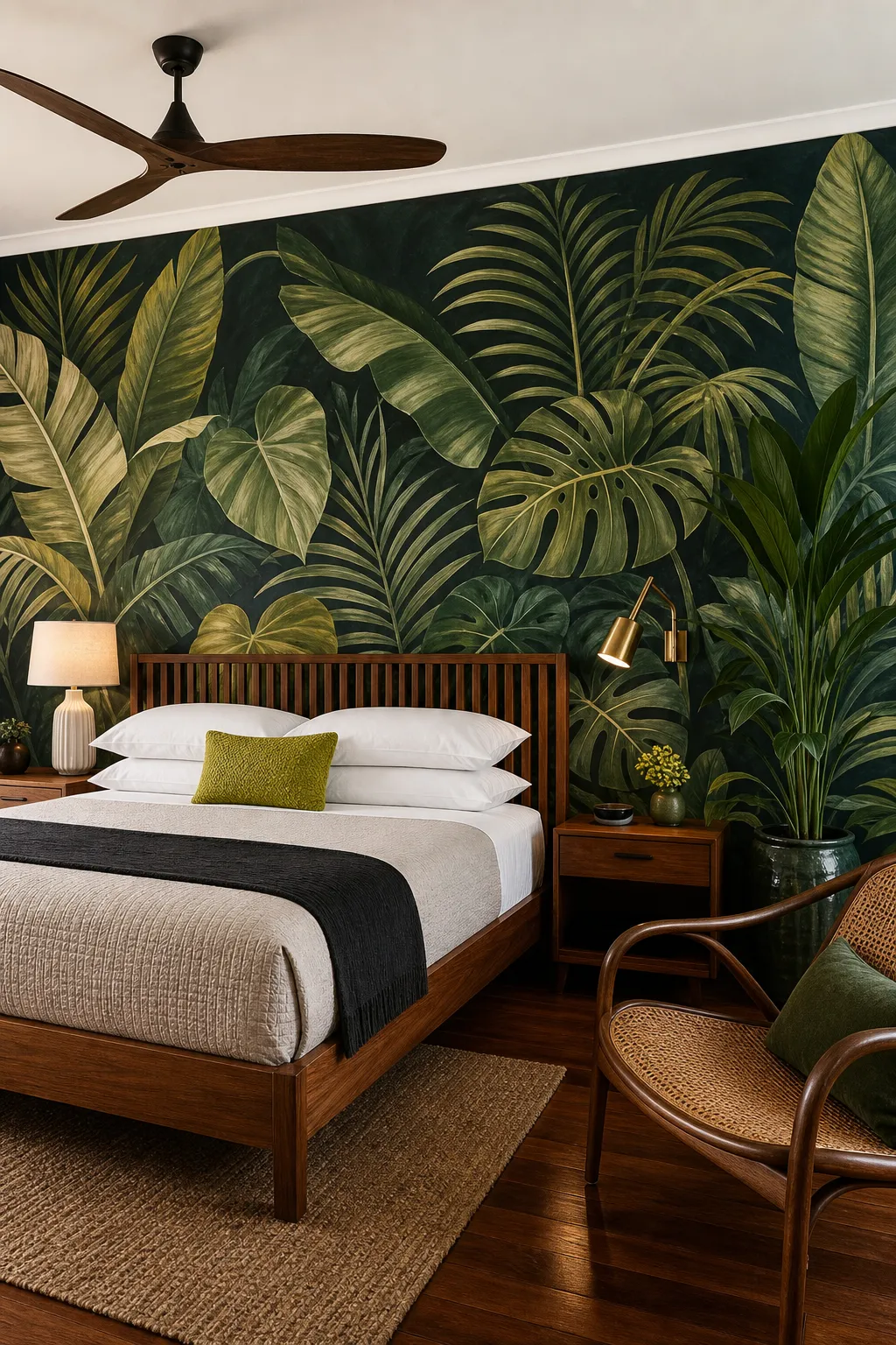 Modern bedroom with bold graphic jungle-leaf wallpaper
