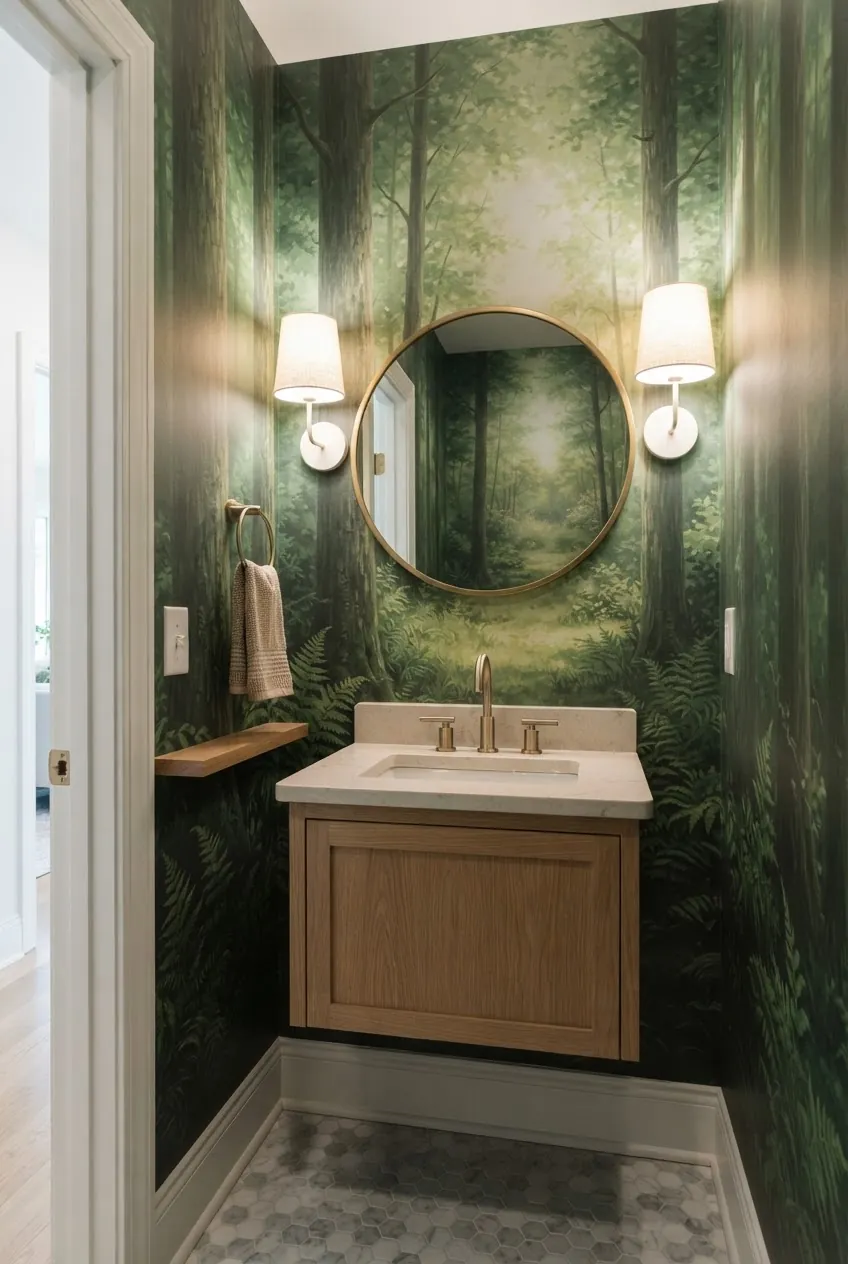 Green forest mural wallpaper reflected in a mirror with clear lighting in a small powder room