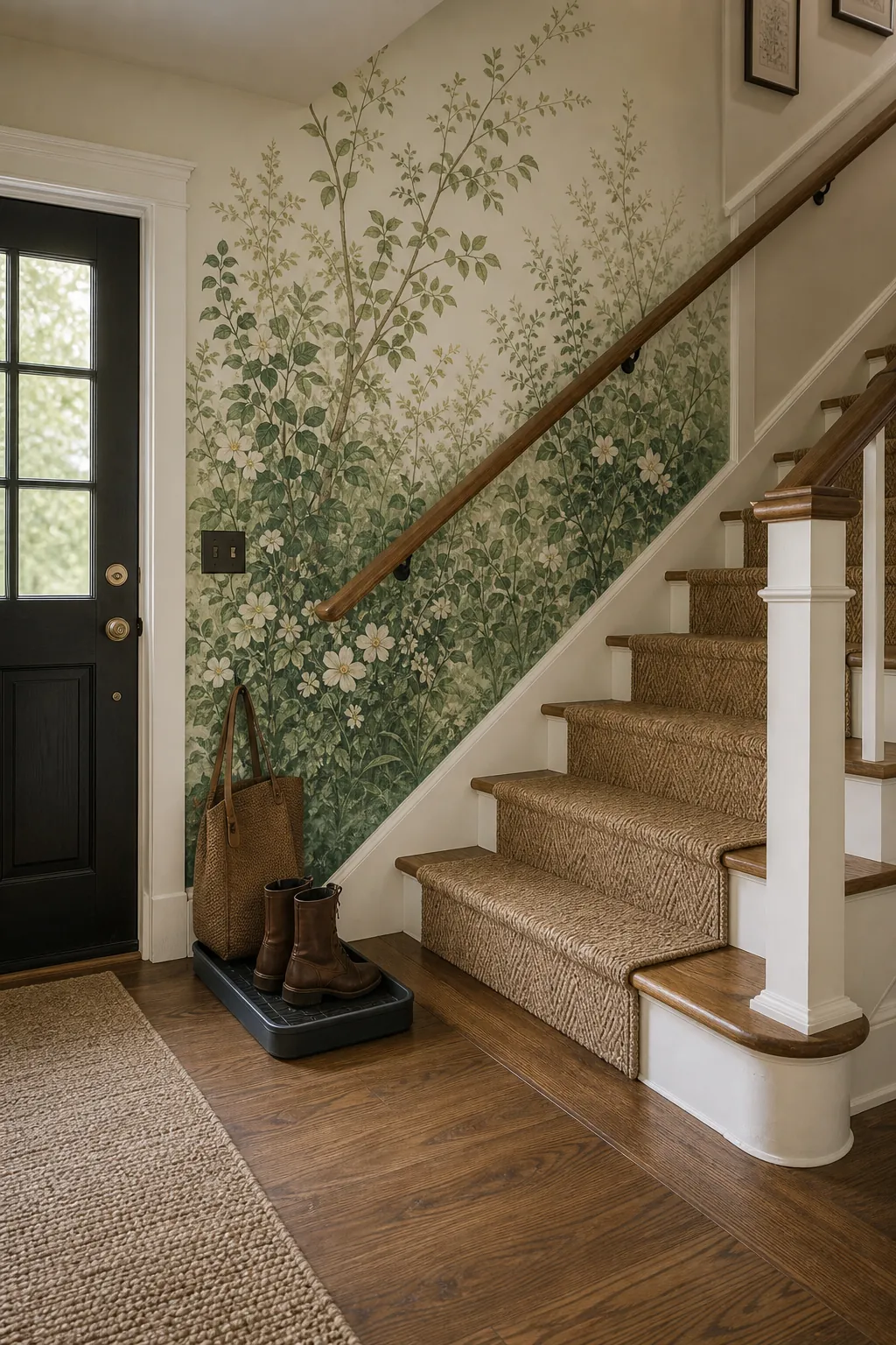 Green garden mural beside entry stairs with controlled charm and durable traffic space