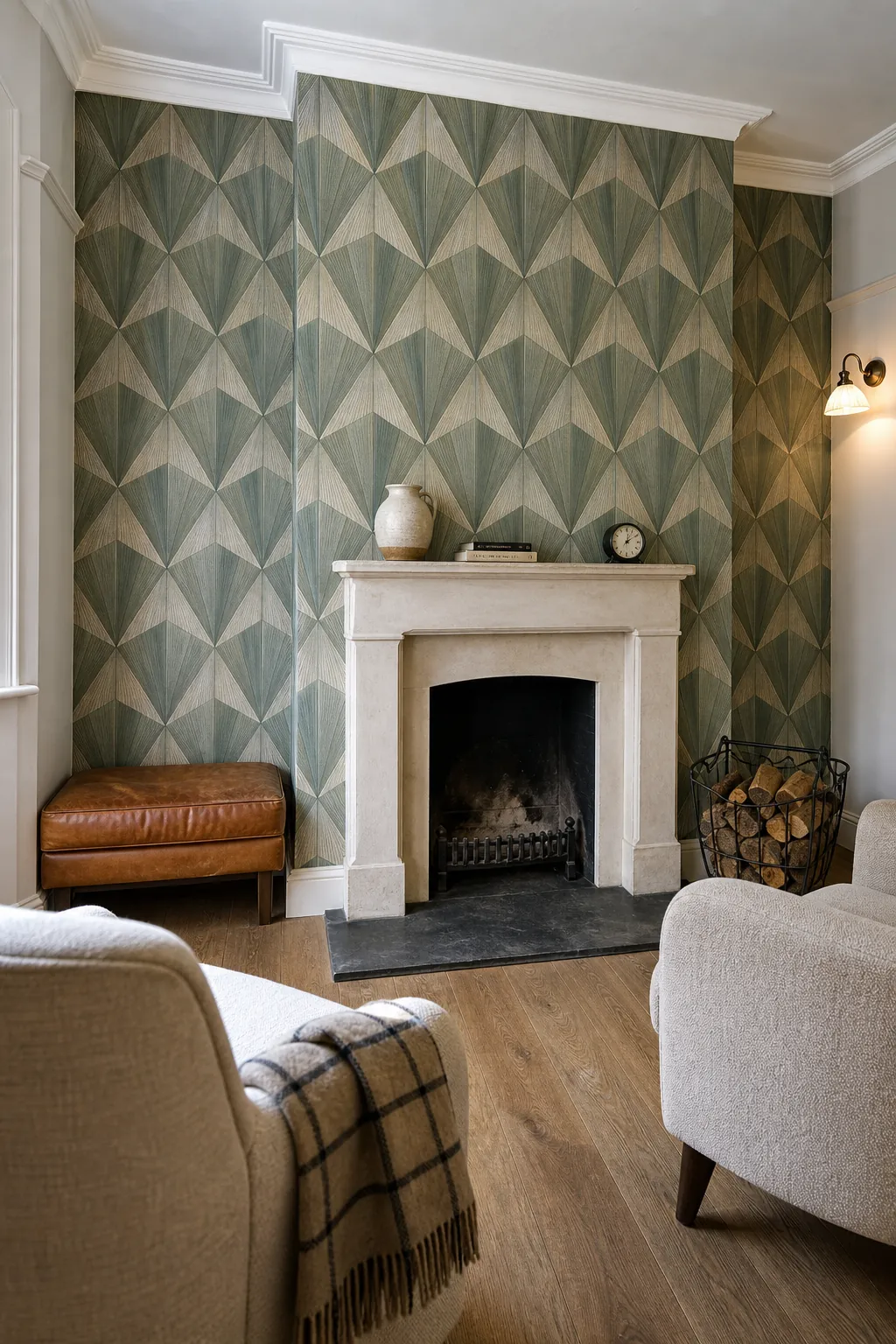 Green geometric wallpaper framing a centered living room fireplace