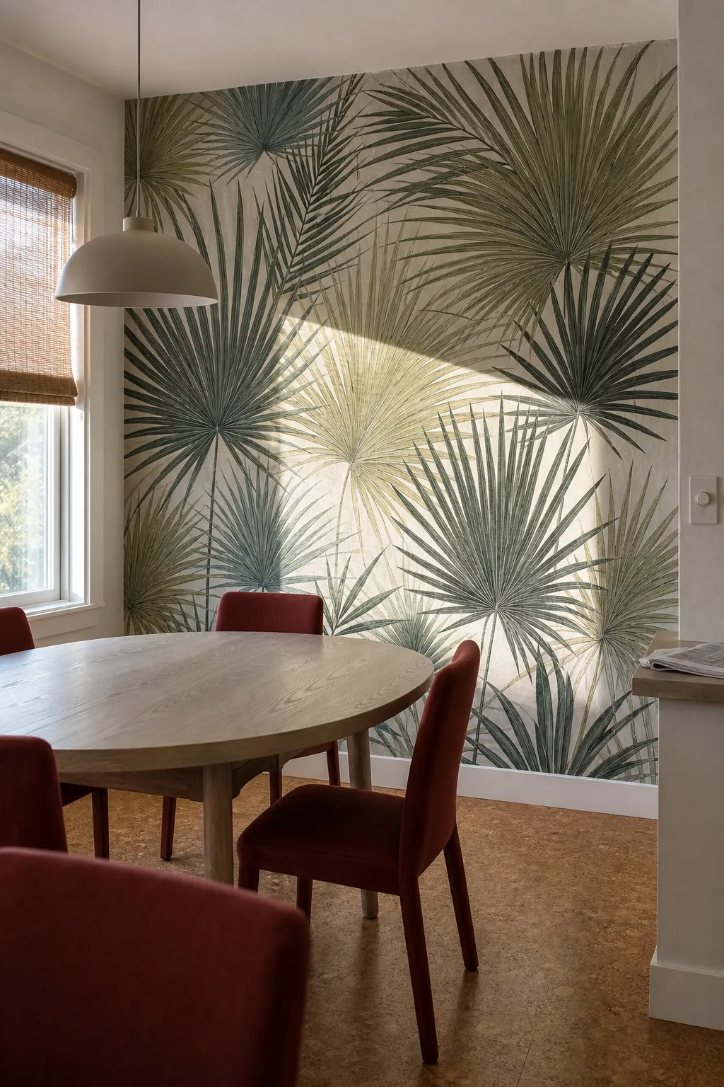 Green palm mural tested on a bright dining wall with changing natural light