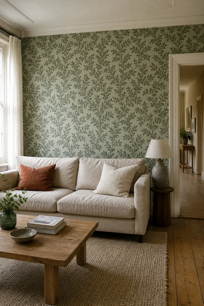 Elegant green wallpaper ideas in a naturally styled living room