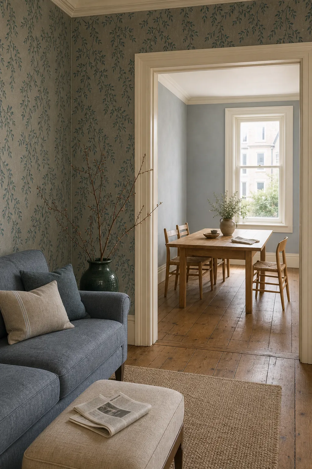 Green wallpaper living room connected to a softly coordinated adjoining dining space
