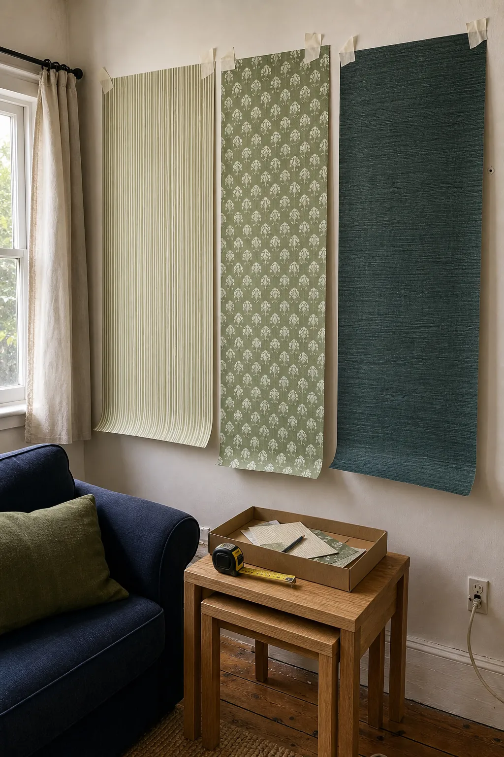 Large green wallpaper samples being compared beside existing living room finishes