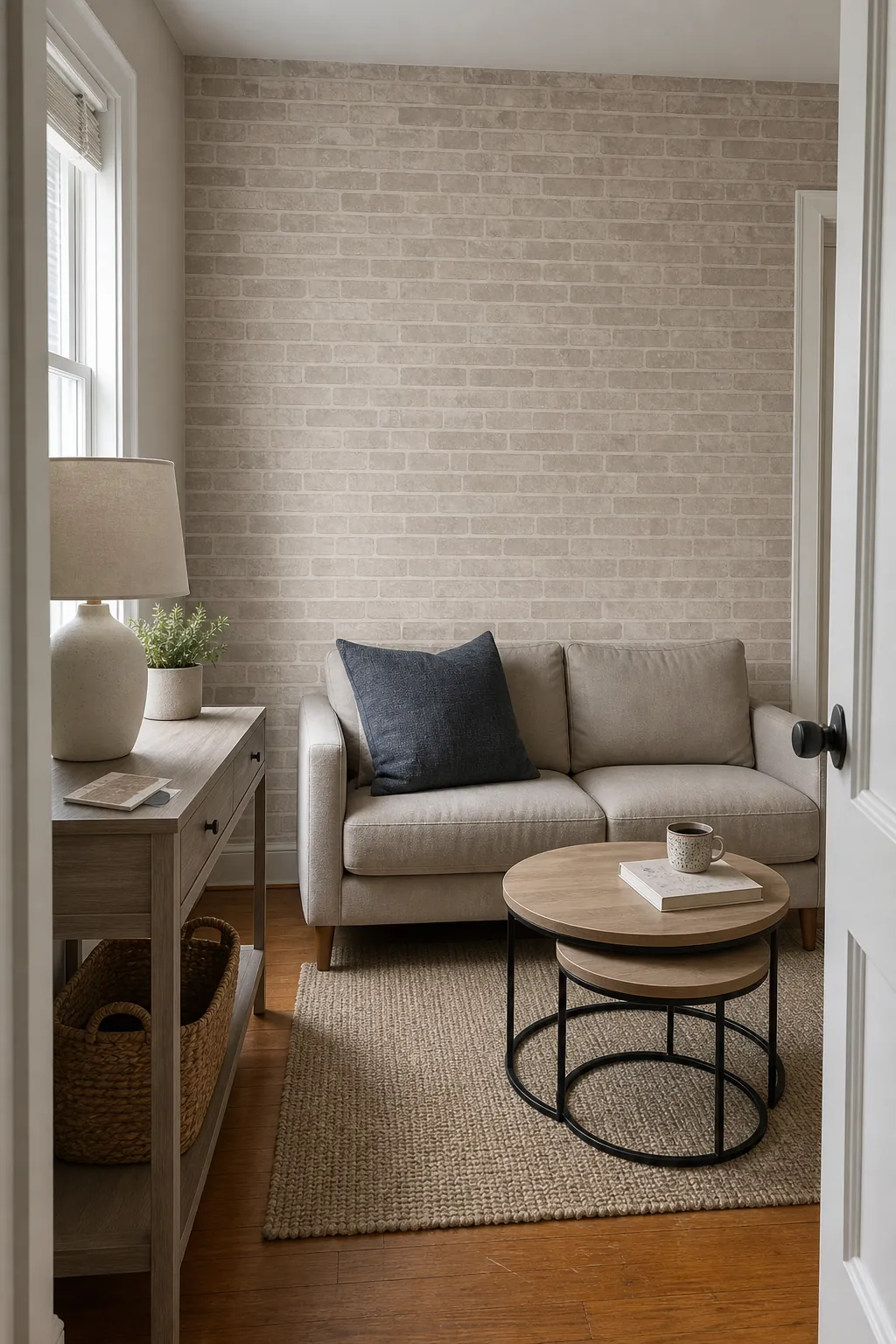 Low-contrast greige brick wallpaper in a compact living room