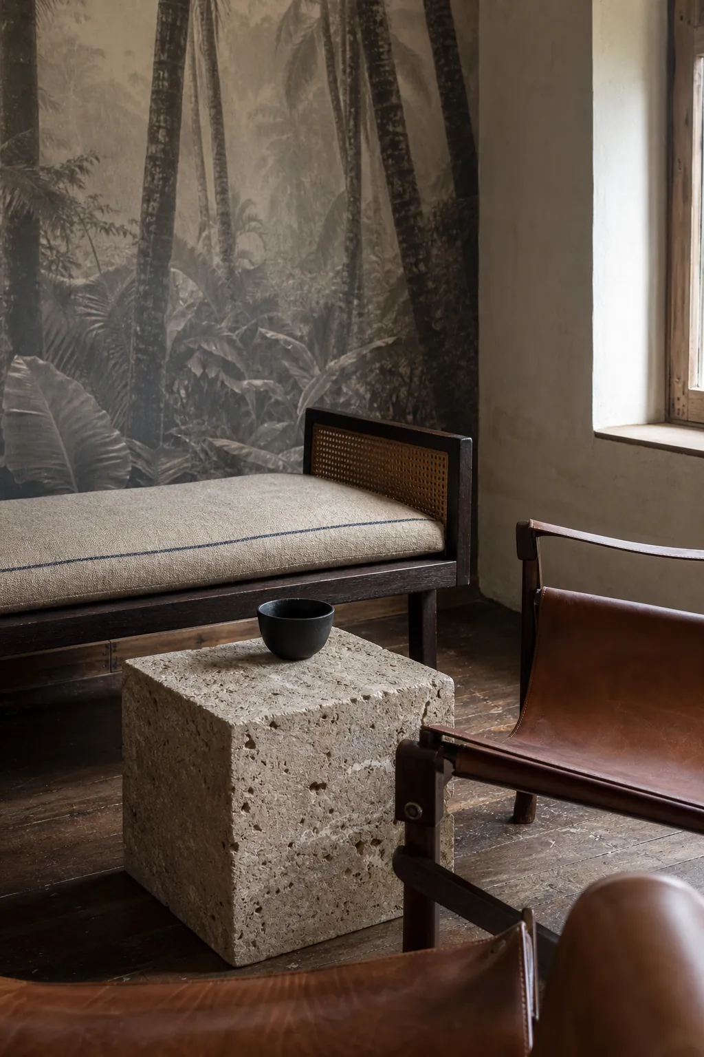 Grown up tropical decor with linen stone dark wood and a mural