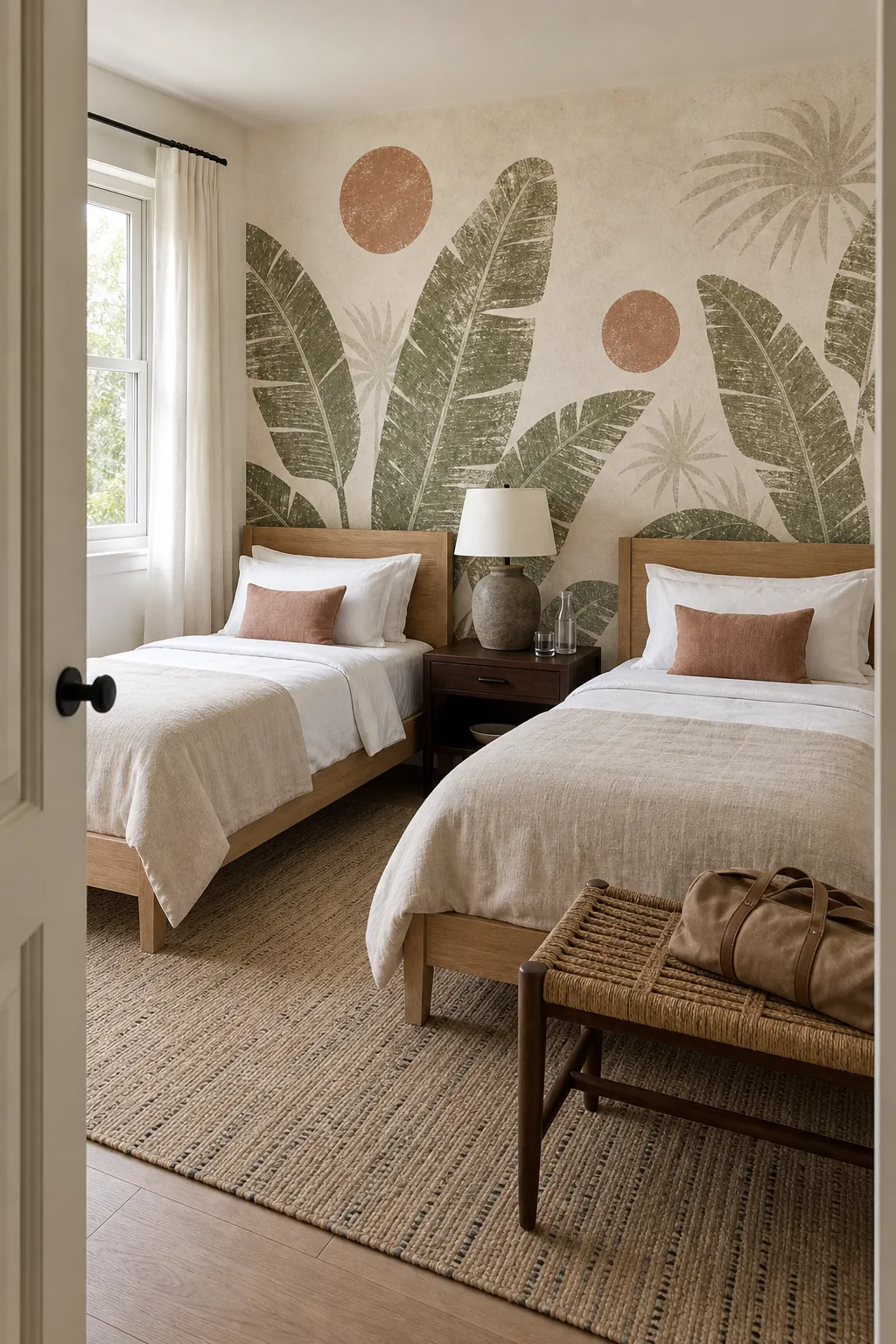 Calm guest room mural wallpaper with airy tropical foliage and twin beds in natural textures