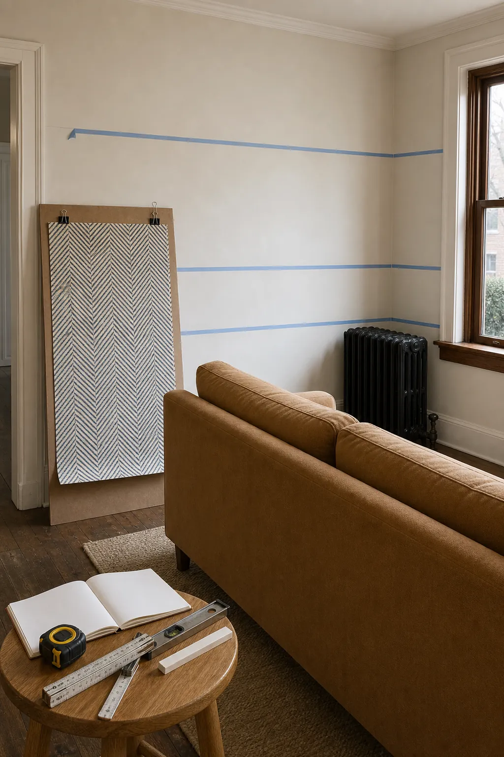 Half wall papering living room height tested with tape against sofa and window proportions