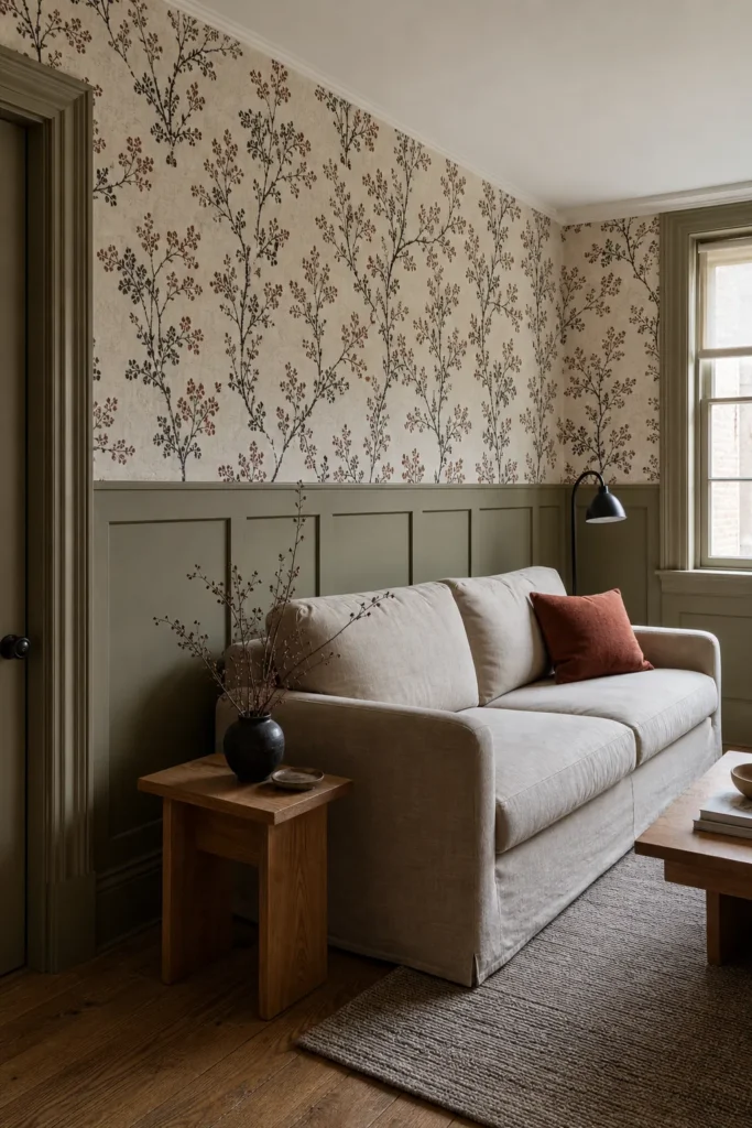 Elegant living room with botanical wallpaper above painted half wall paneling