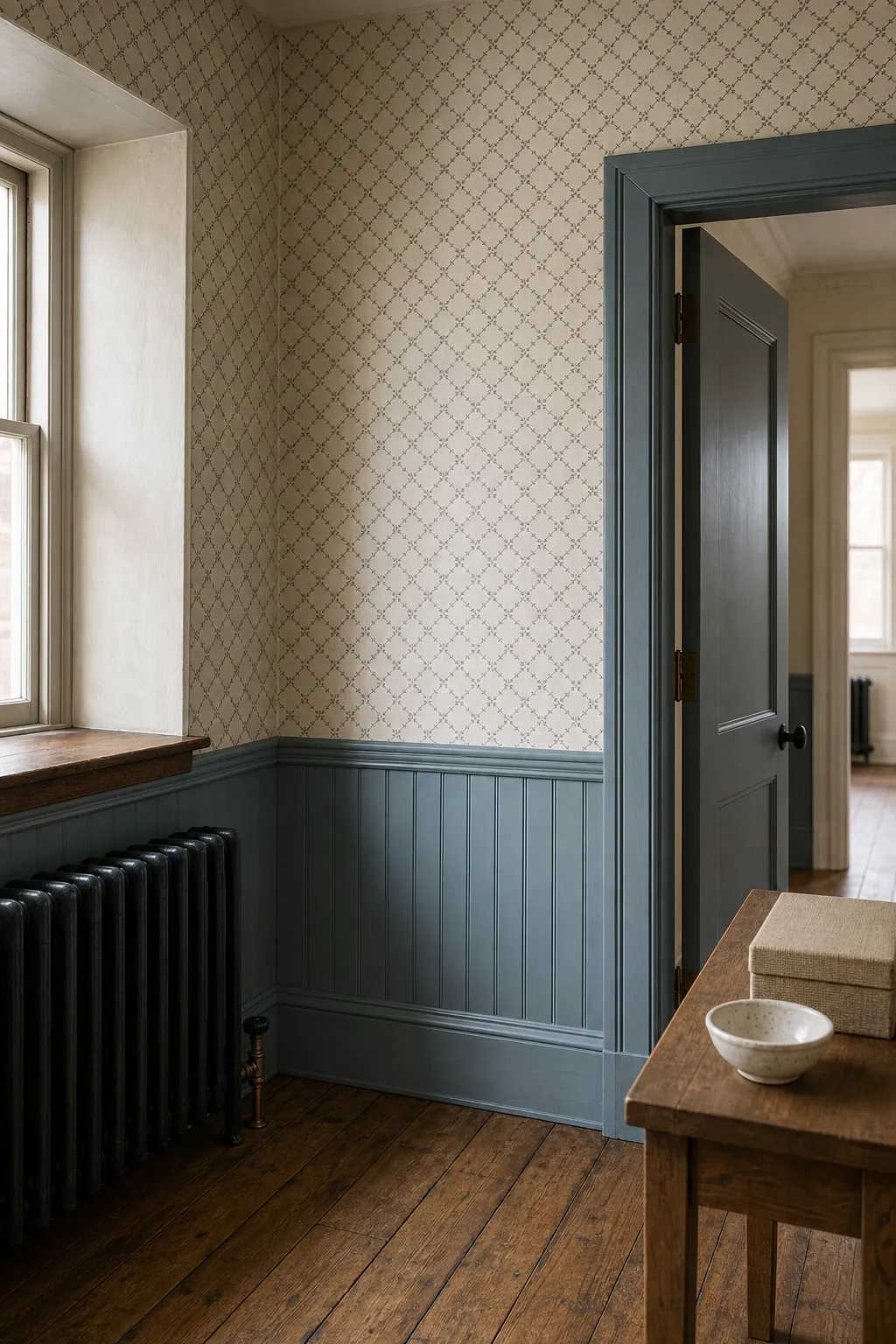 Half wall wallpaper transition aligned carefully around doorway radiator and inside corner