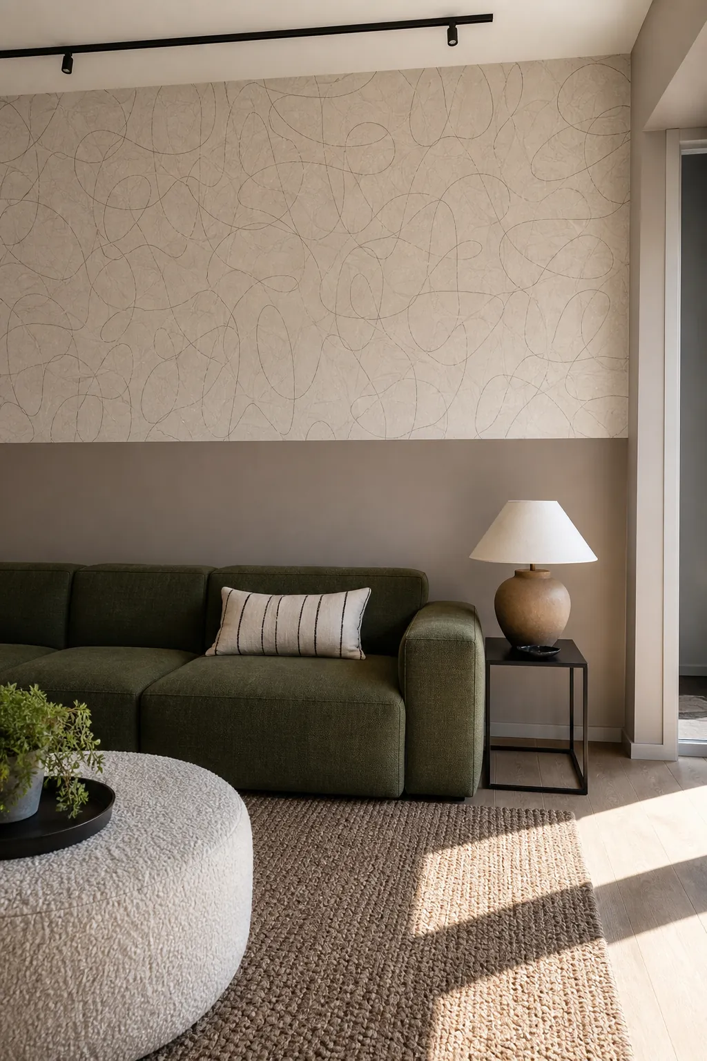 Modern living room with half wallpaper half paint and a crisp trim-free transition