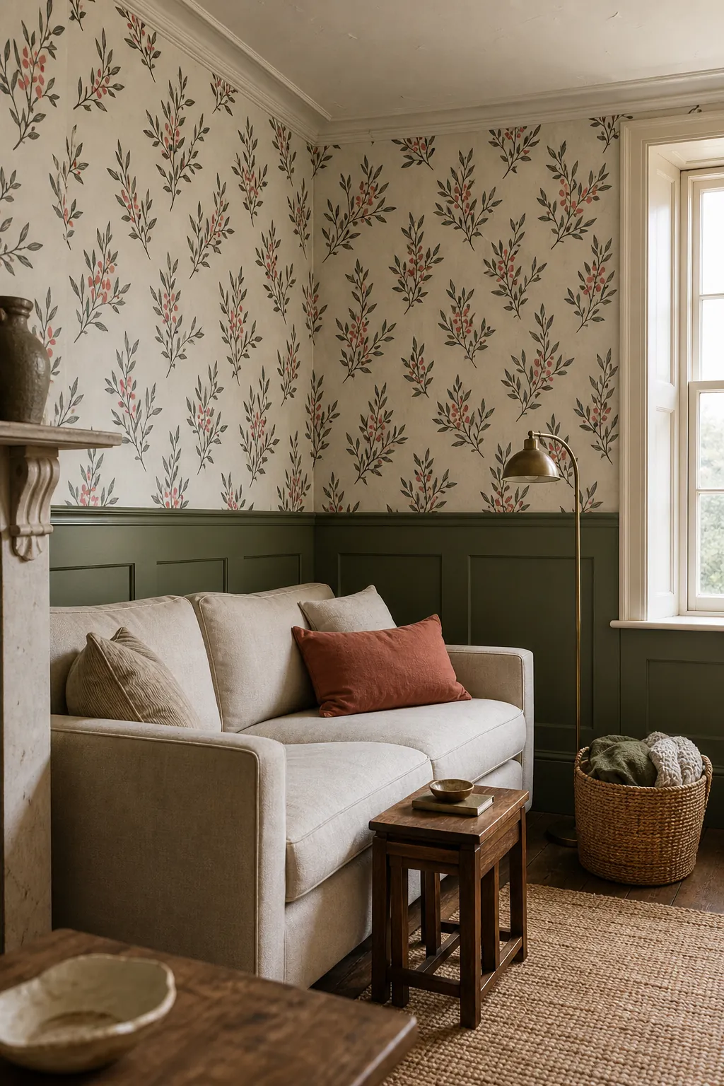 Half wallpaper half paneling living room with botanical print above olive wainscoting
