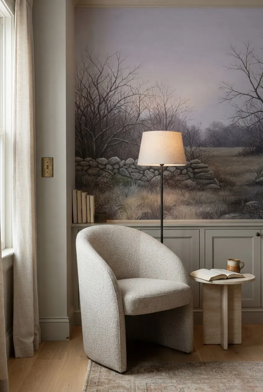 Heritage landscape mural balanced with clean modern lighting in a traditional reading room