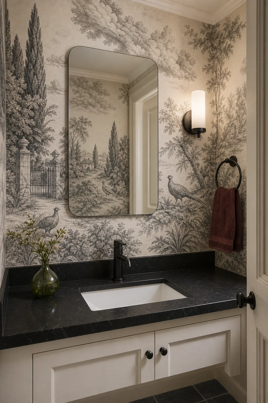 Heritage toile powder room wallpaper balanced with a modern black stone vanity detail