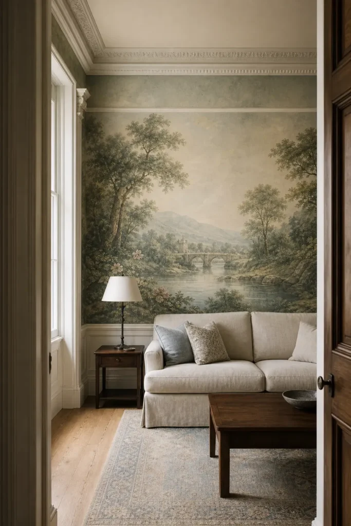 Heritage scenic mural wallpaper framed by original trim and molding