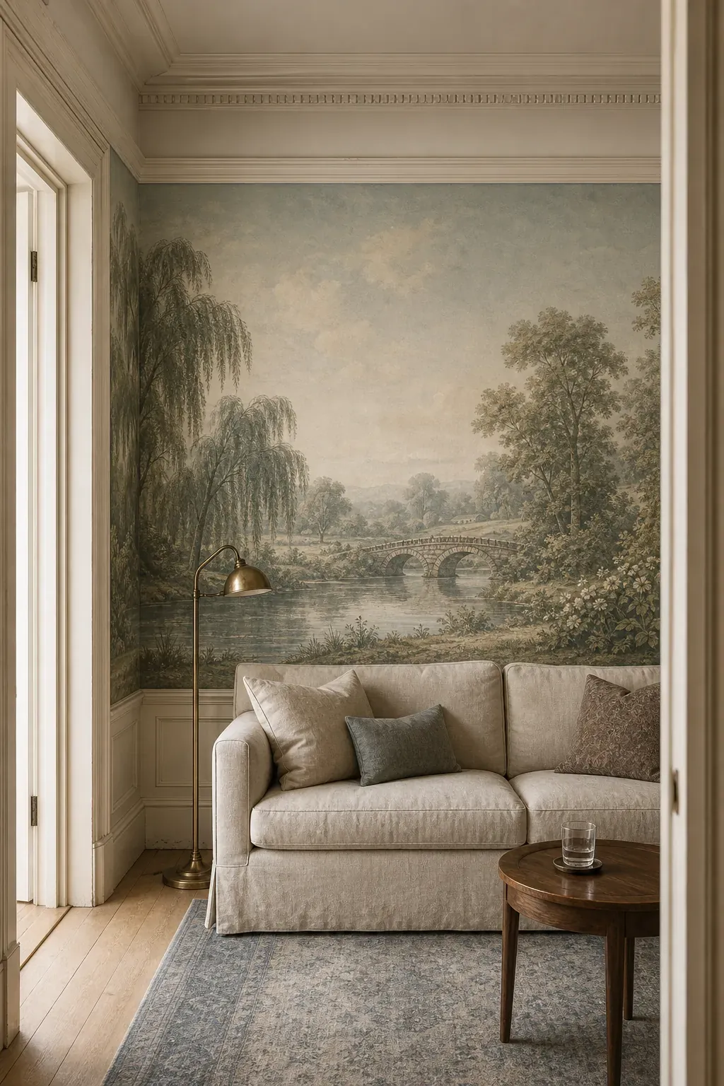 Heritage scenic mural wallpaper placed around original trim in an old living room