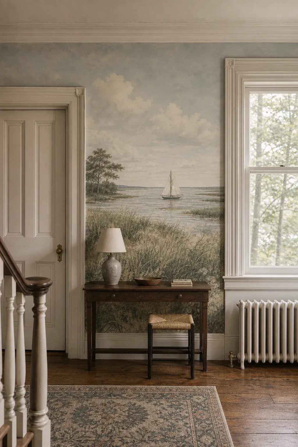 Historic home wallpaper mural arranged around doors, windows, and furniture sight lines