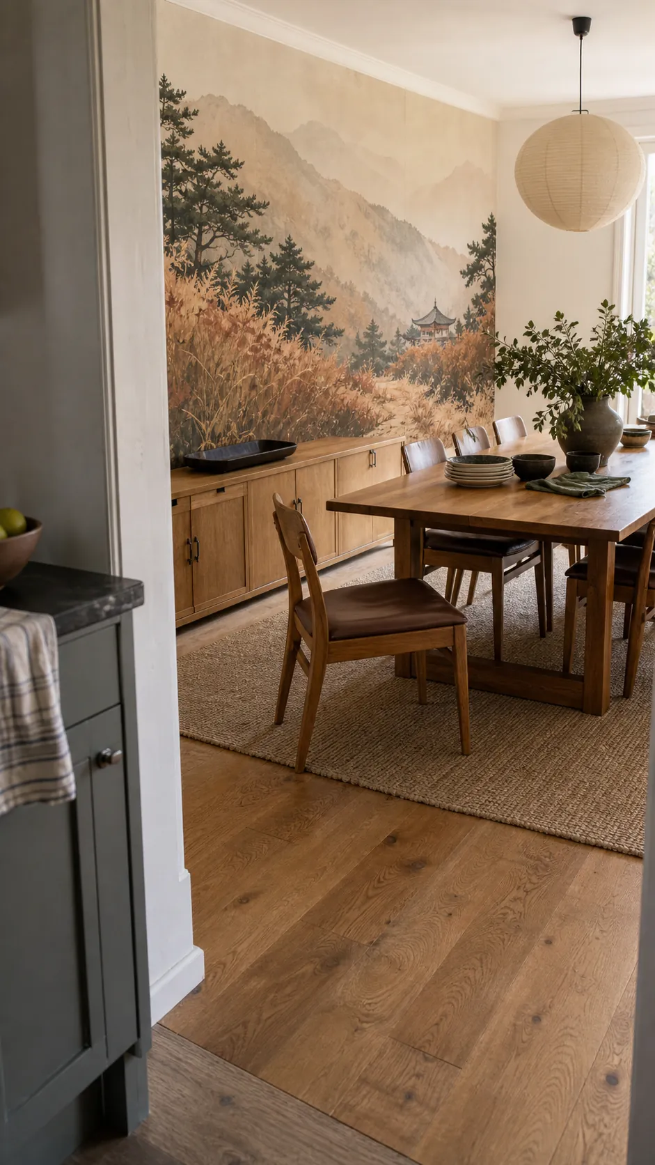 Host-friendly dining room layout with clear circulation beside a scenic mural