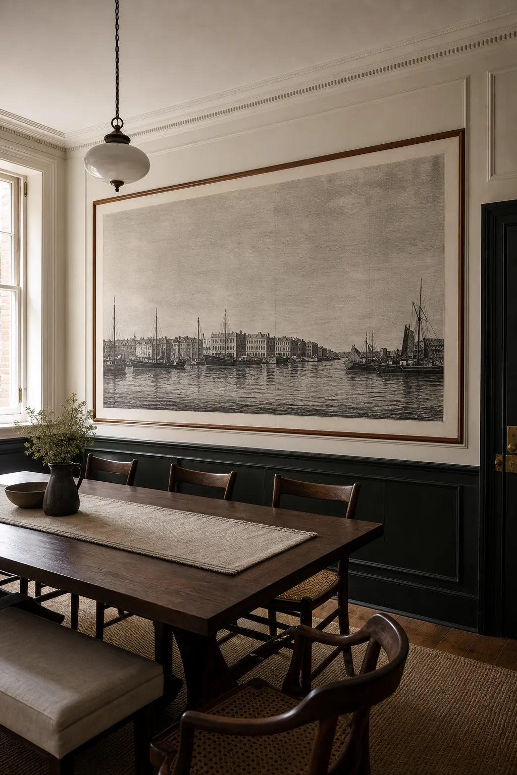 Inset panoramic dining mural framed by simple wall molding