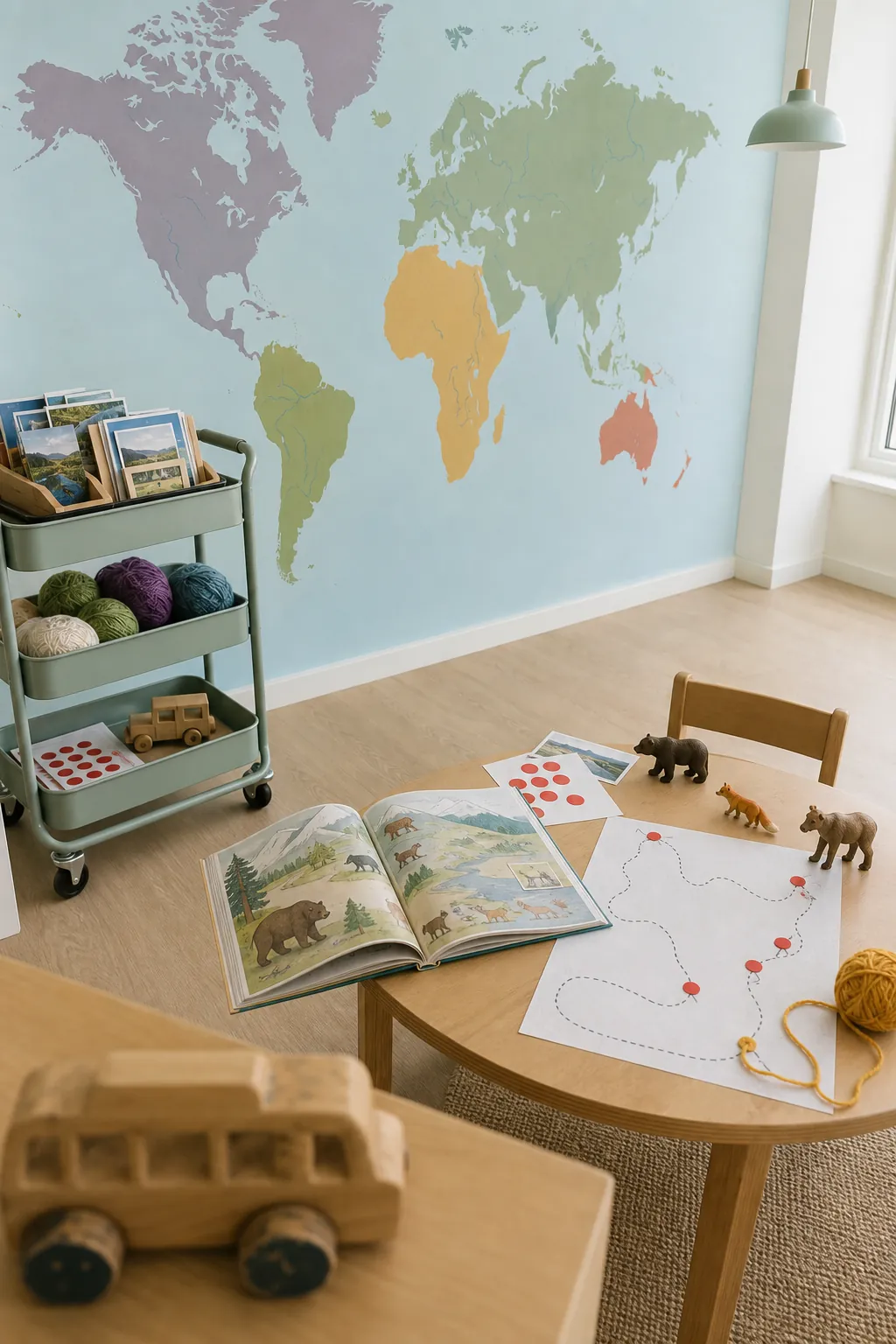 Interactive map mural learning zone with books postcards and play materials