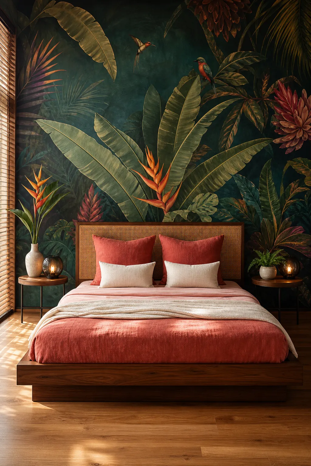 Luxurious tropical bedroom layered with dark green and jewel-toned decor