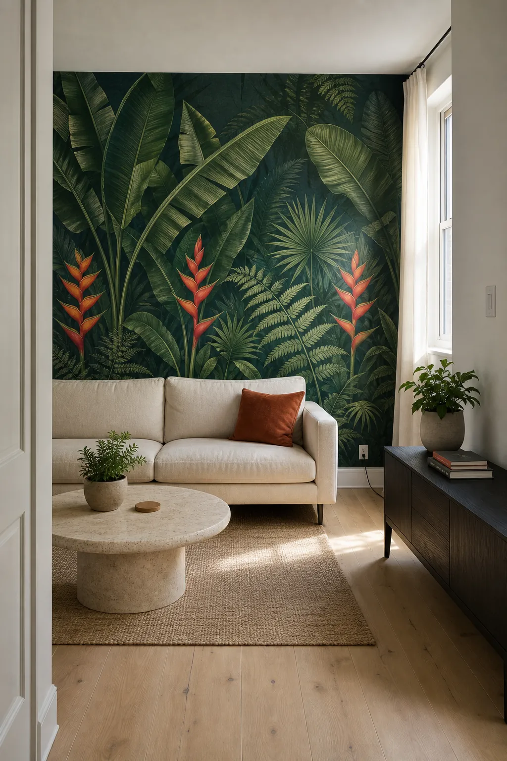 Tropical jungle wallpaper mural creating a resort-style focal wall in a calm living room