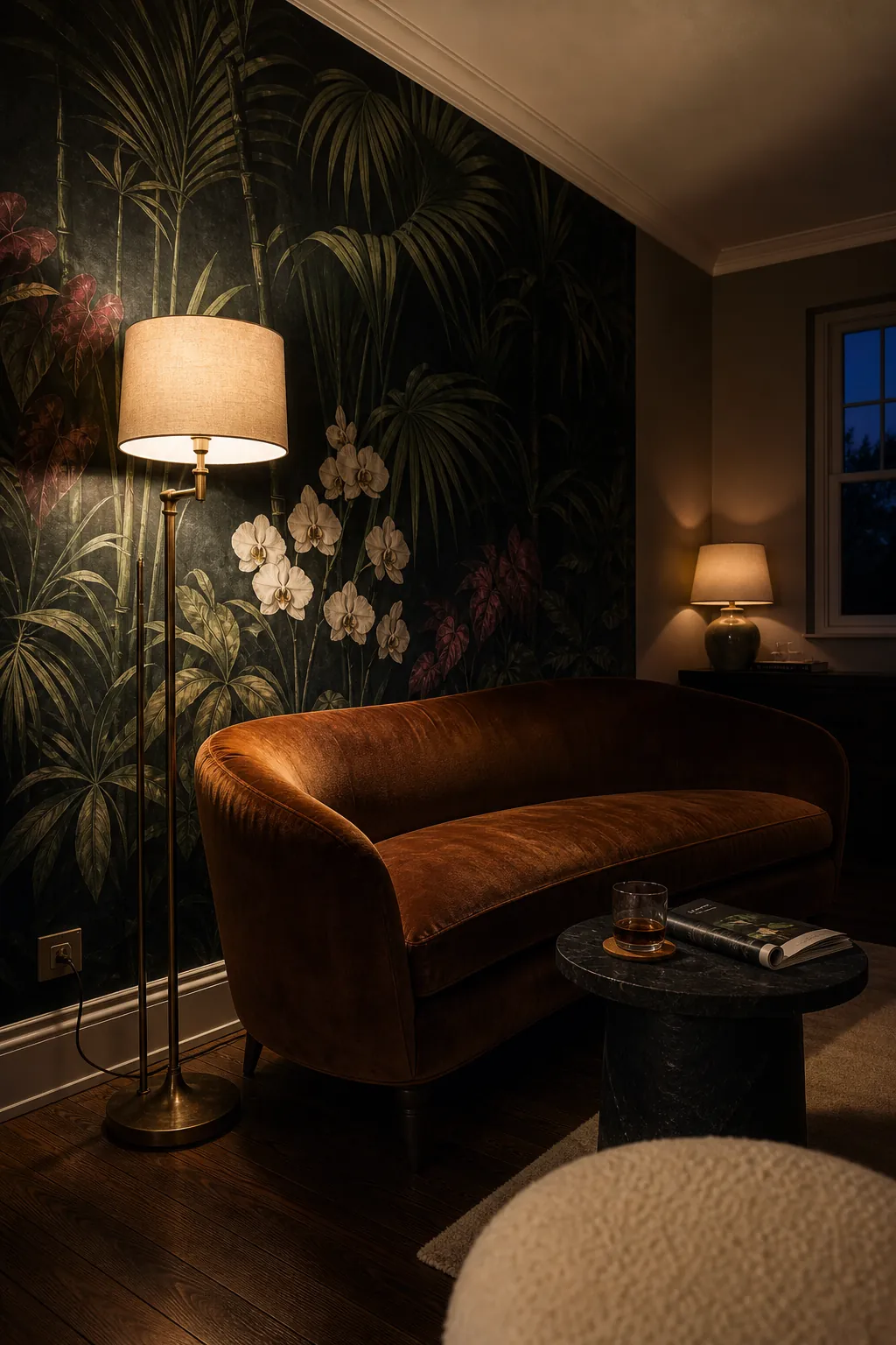 Jungle mural wallpaper in a lounge illuminated by soft layered evening lighting