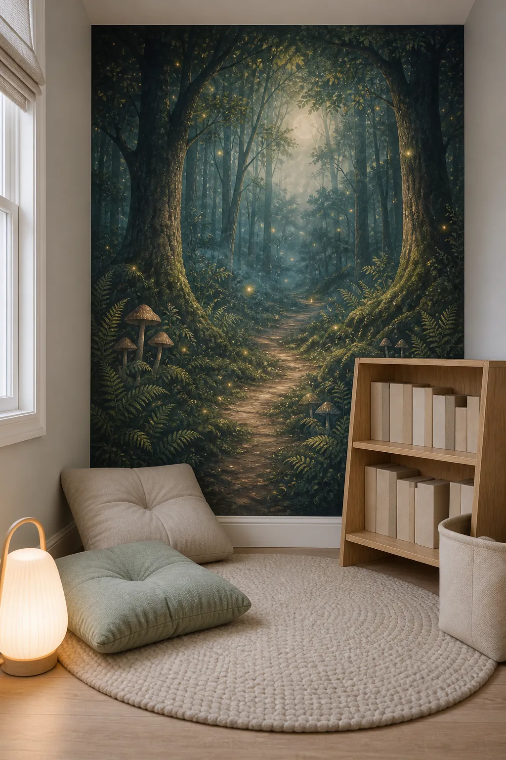 Kids book nook with calm magical forest wallpaper, floor cushions, mushrooms, ferns, and muted teal shadows.