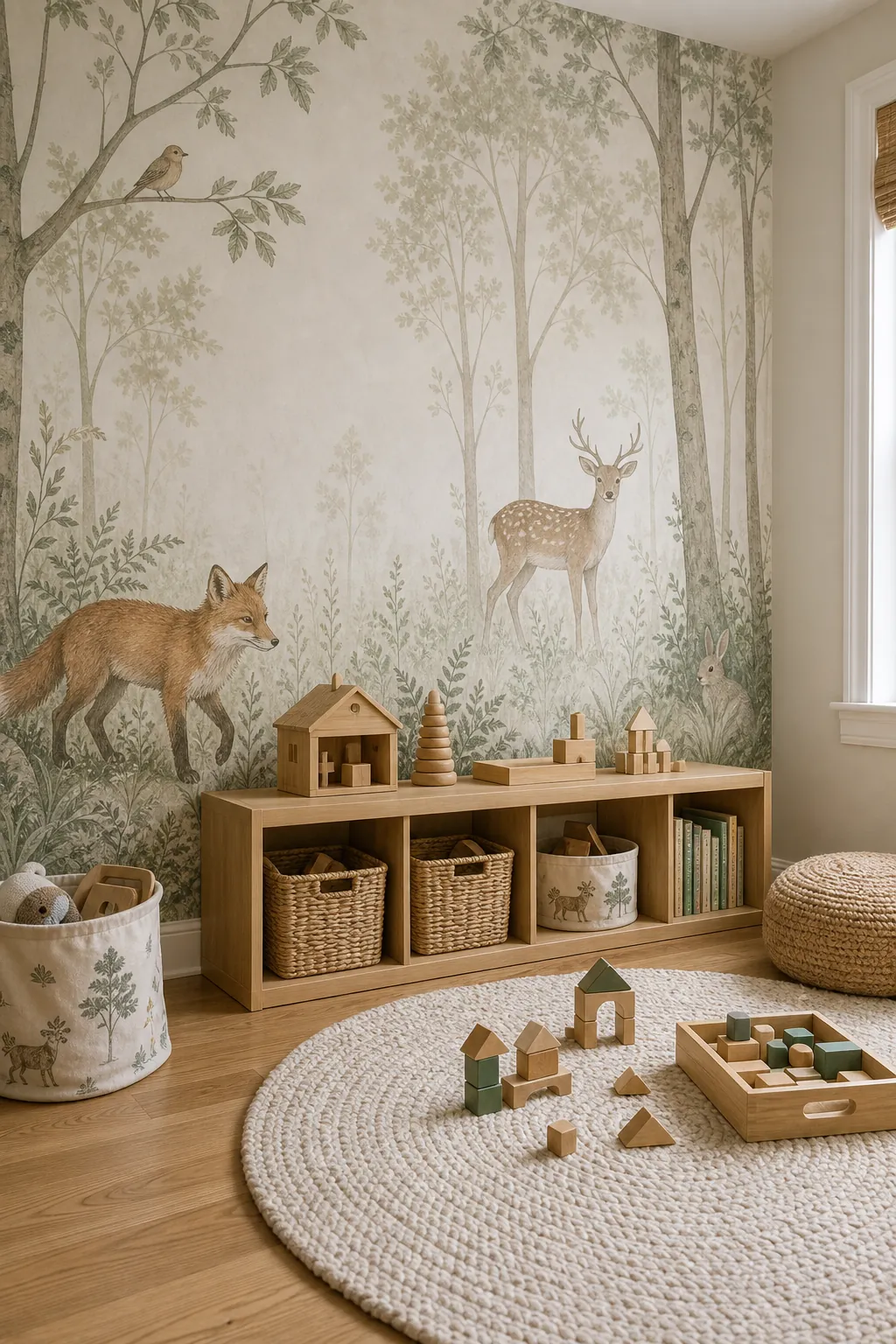 Kids room animal mural with low play storage, woven bins, and a soft woodland wallpaper backdrop.